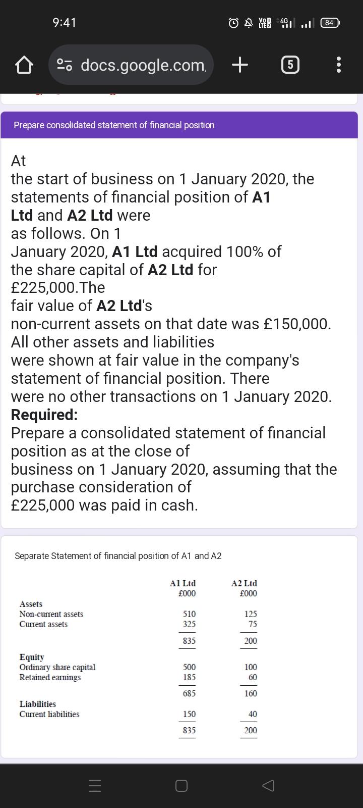 9:41 docs.google.com Prepare consolidated statement of financial position Separate Statement of financial