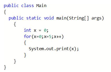 public class Main { } public static void main(String[] args) { } int x = 0; for(x=0;x=5; x++) { }