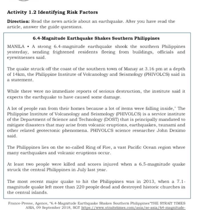 Activity 1.2 Identifying Risk Factors Direction: Read the news article about an earthquake. After you have