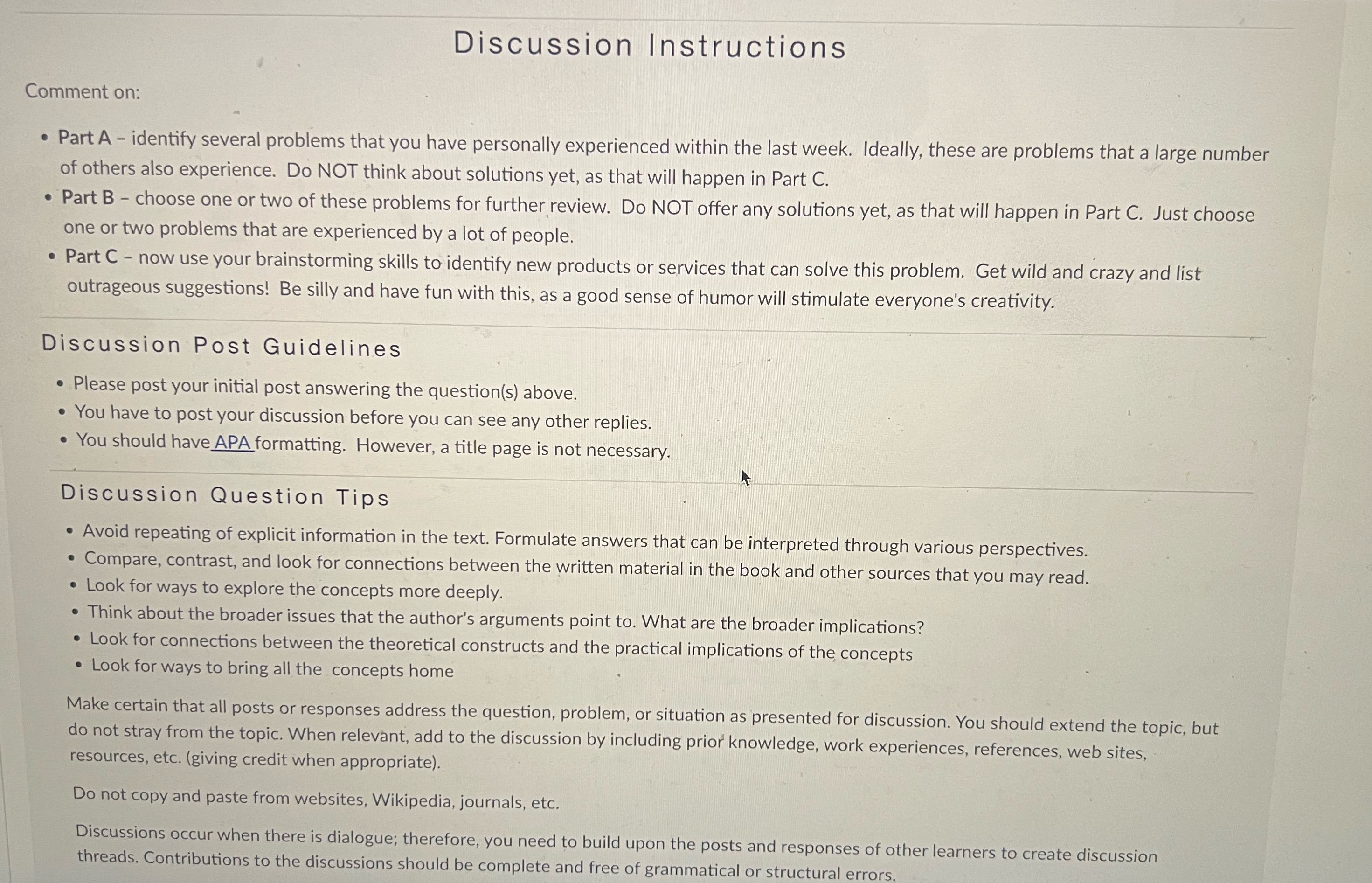 Comment on: Discussion Instructions Part A - identify several problems that you
