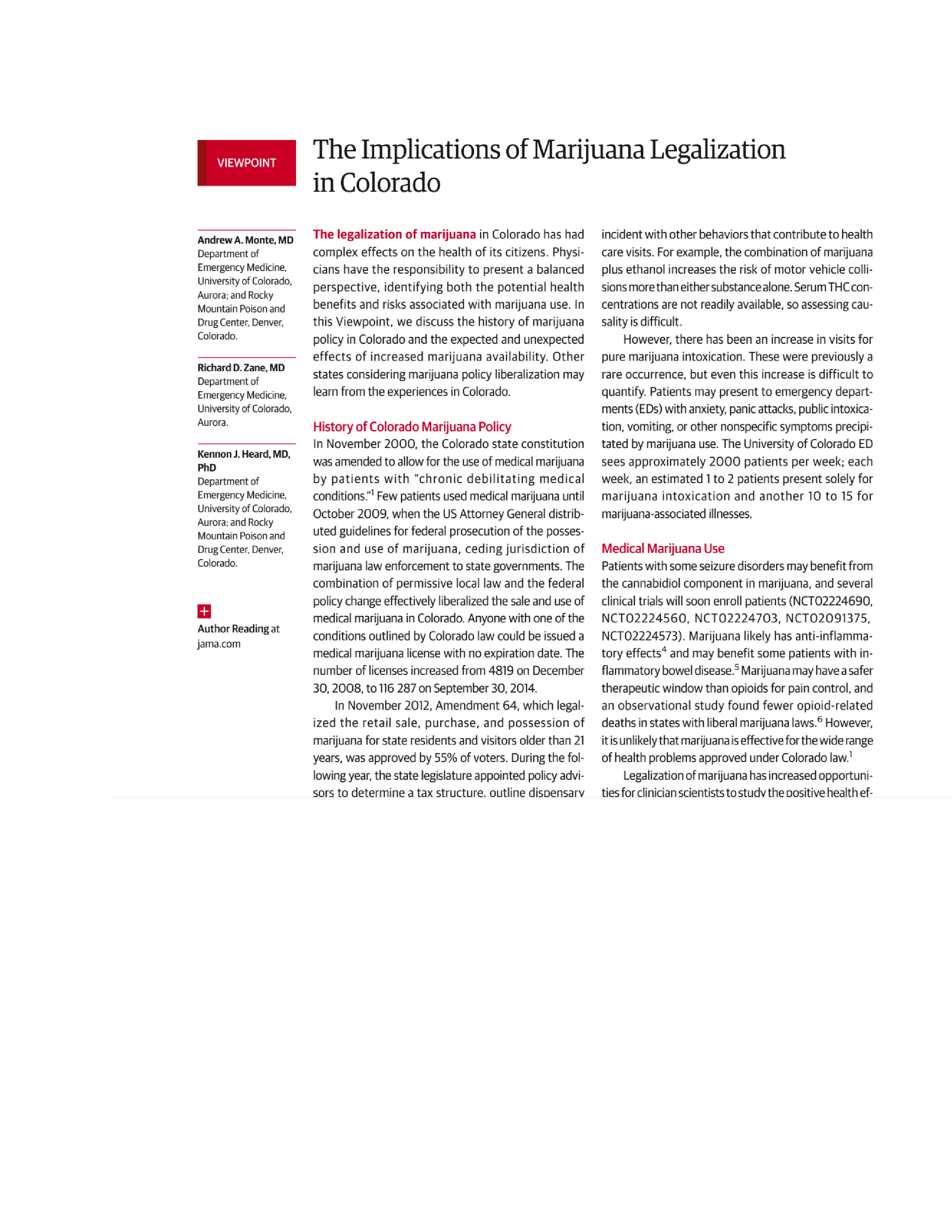 VIEWPOINT Andrew A. Monte, MD Department of Emergency Medicine, University of Colorado,