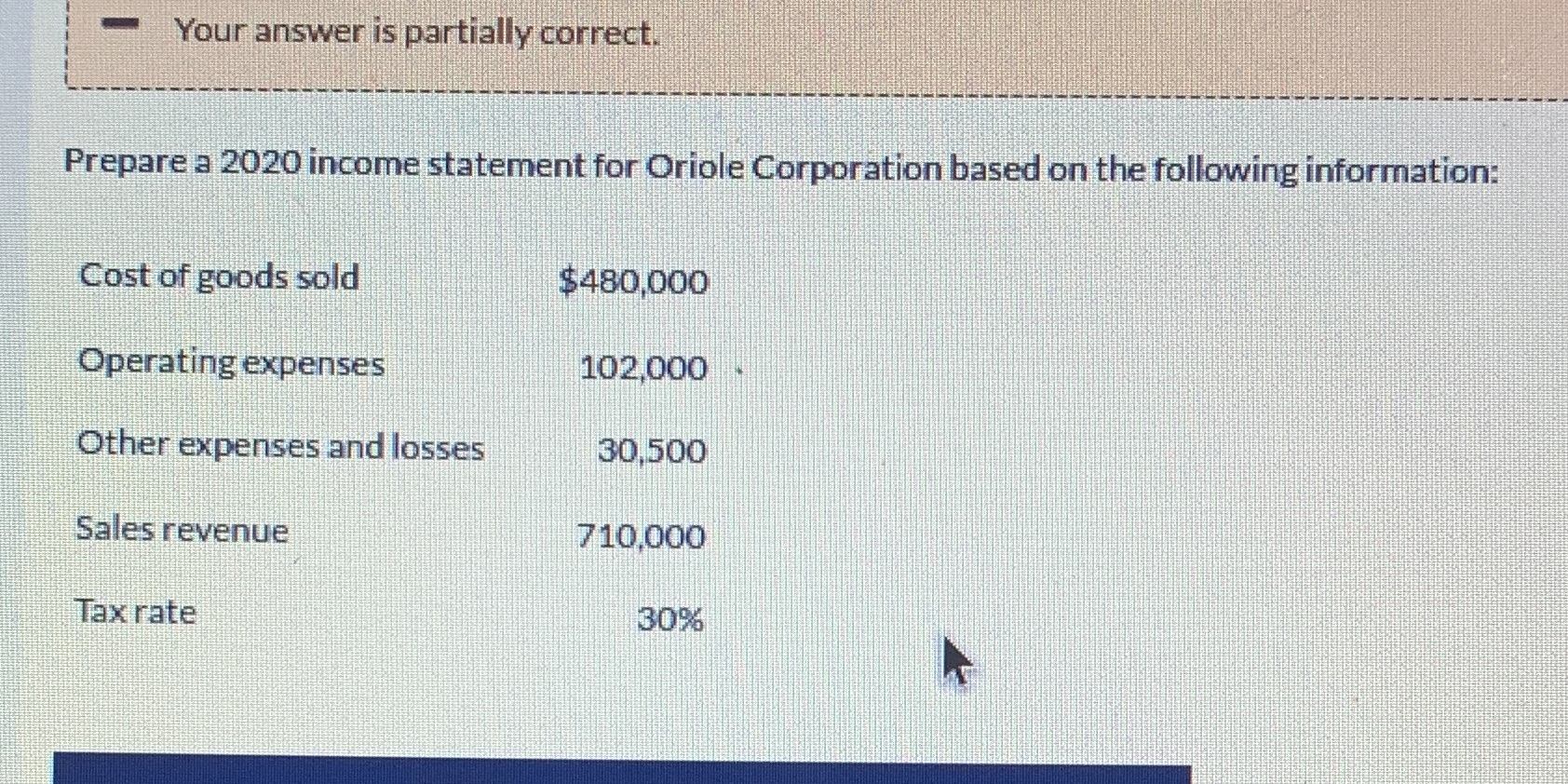 Your answer is partially correct. Prepare a 2020 income statement for Oriole