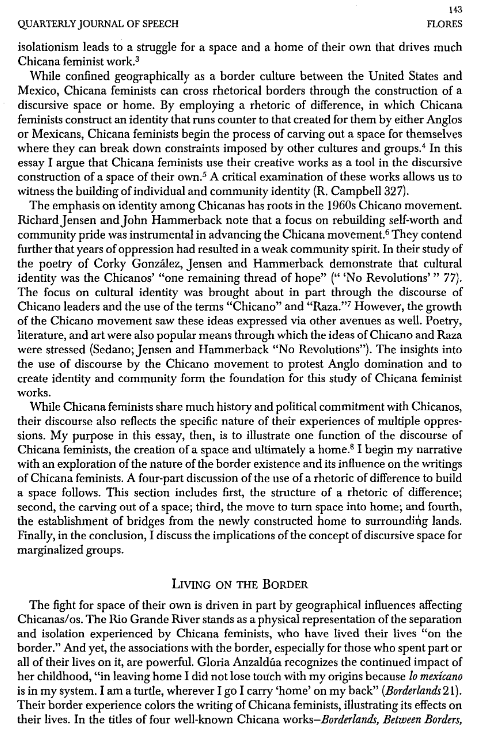 RHETORIC OF DIFFERENCE: CHICANA FEMINISTS CRAFT A HOMELAND Lisa A. Flores N