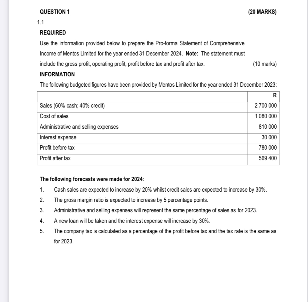 QUESTION 1 1.1 REQUIRED Use the information provided below to prepare the