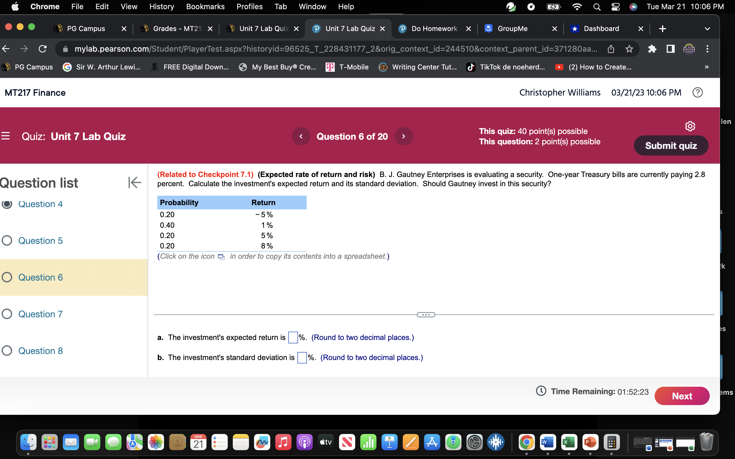 Chrome File Edit View History Bookmarks Profiles Tab PG Campus MT217 Finance