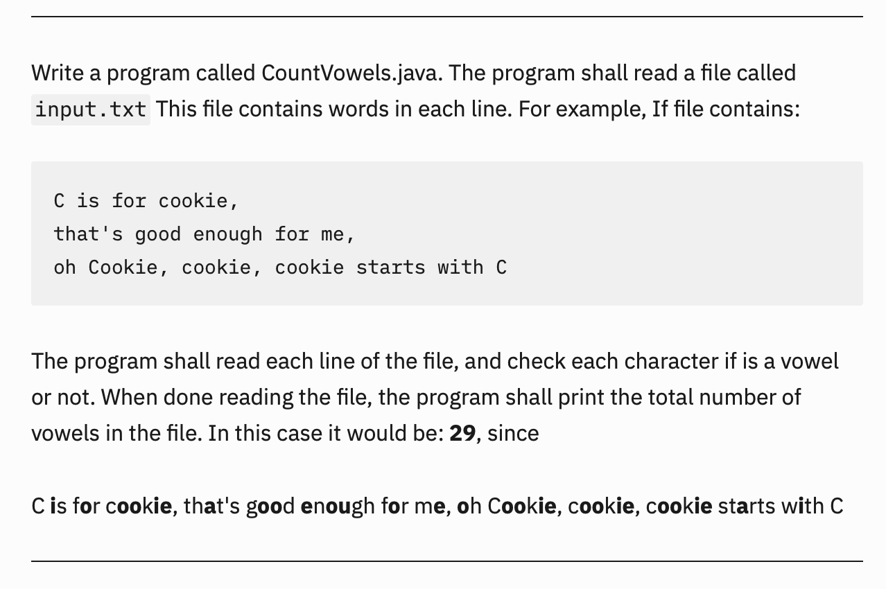 Write a program called CountVowels.java. The program shall read a file called