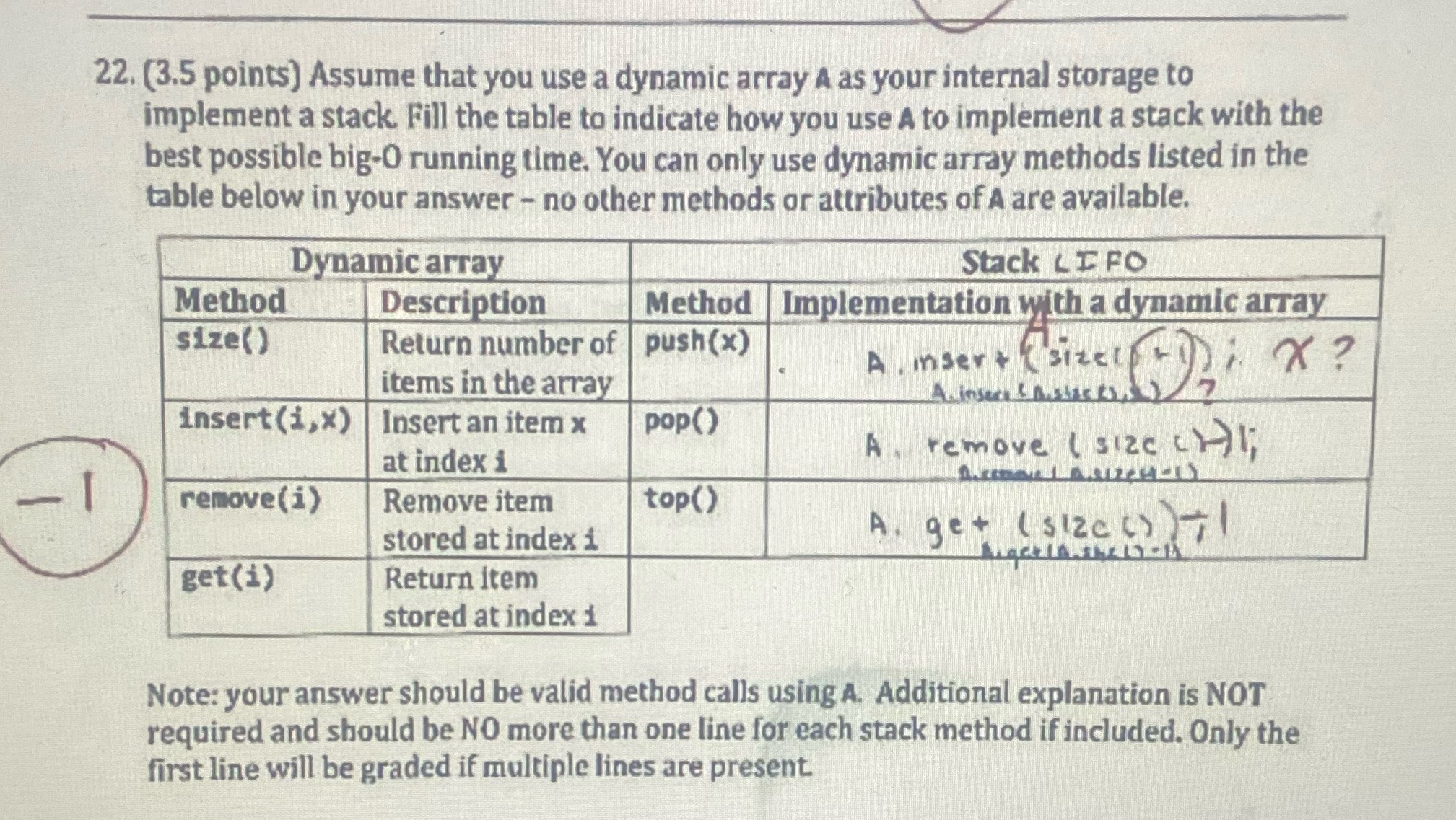 22. (3.5 points) Assume that you use a dynamic array A as