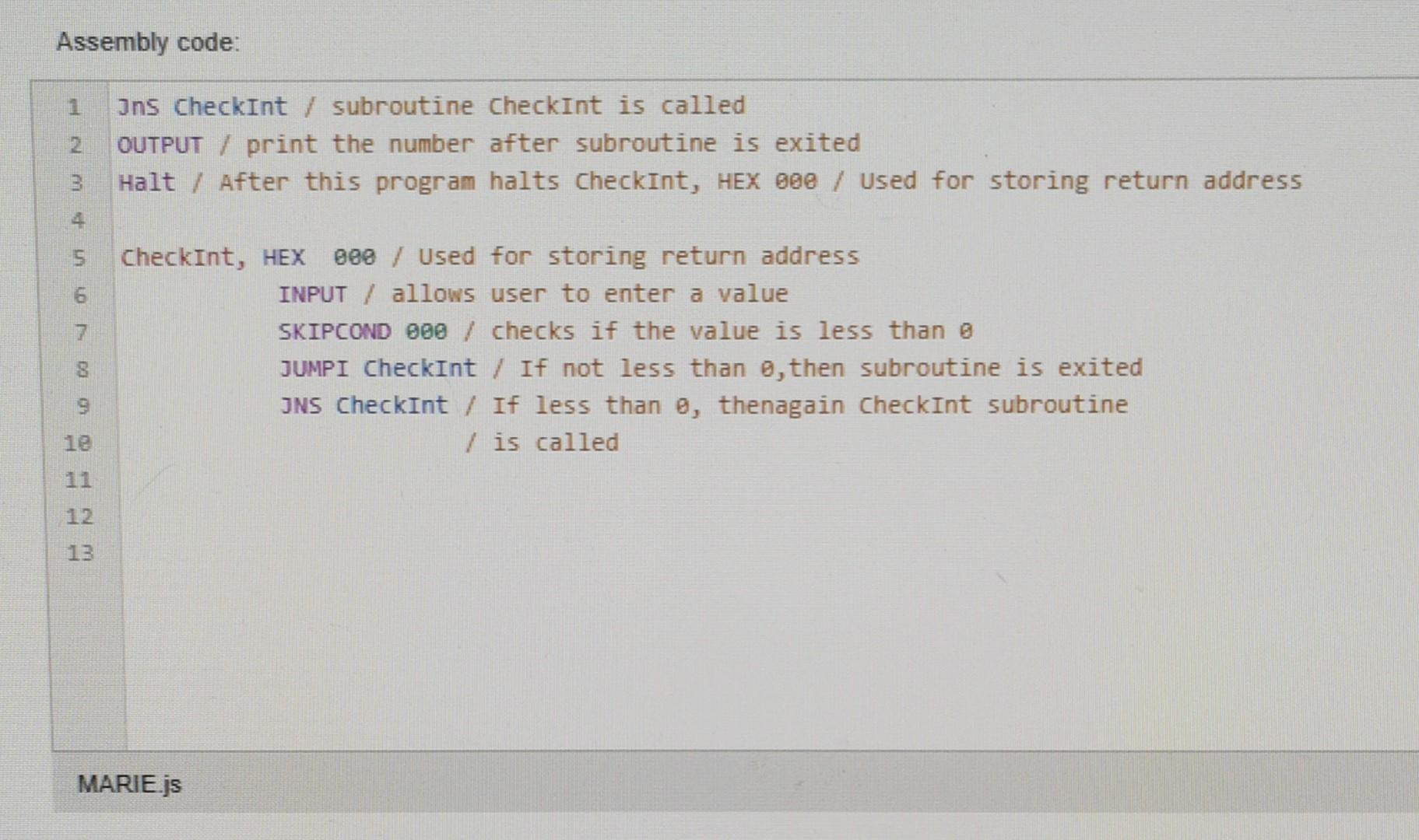 Assembly code: Jns CheckInt / subroutine Checkint is called OUTPUT / print
