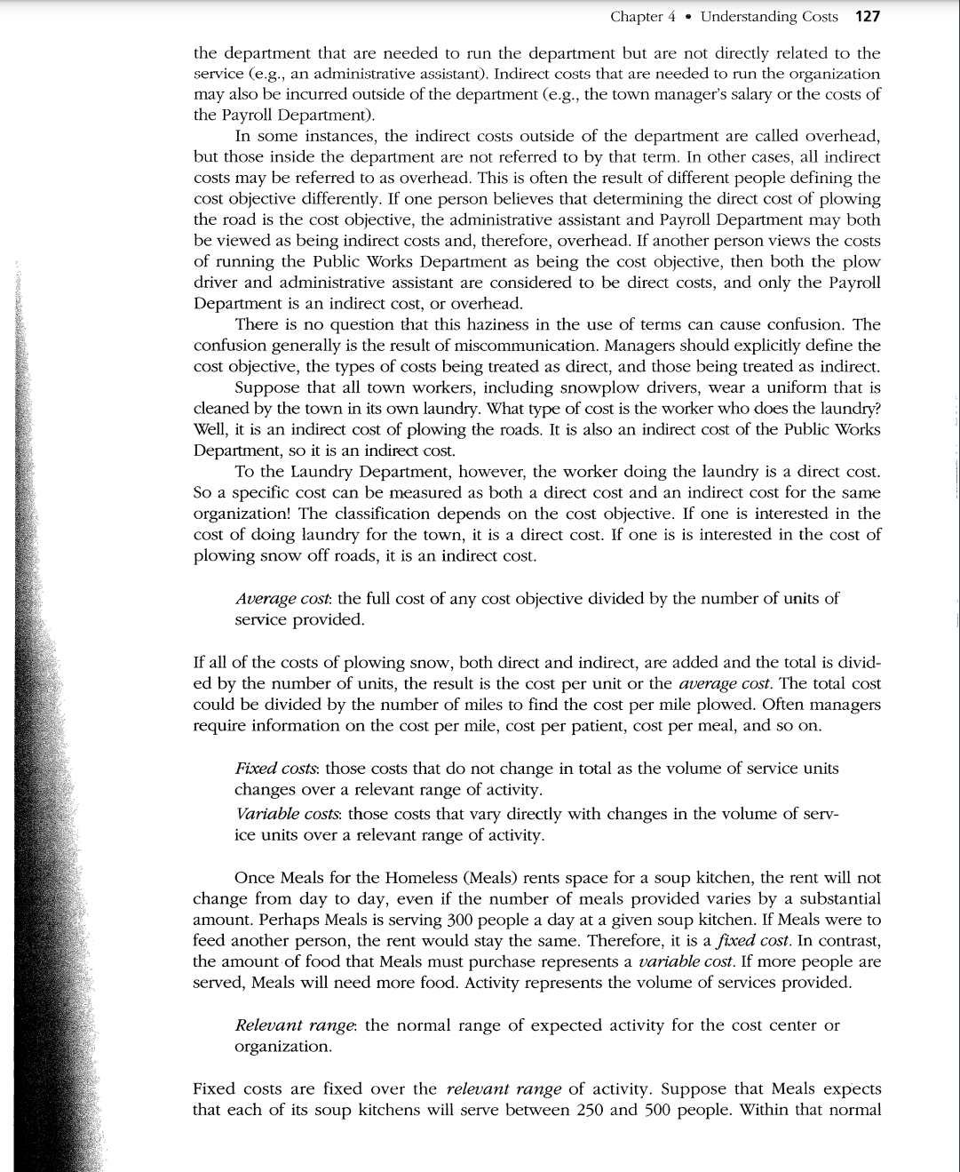 average costs, fixed costs, variable costs, marginal costs, relevant range, mixed costs,