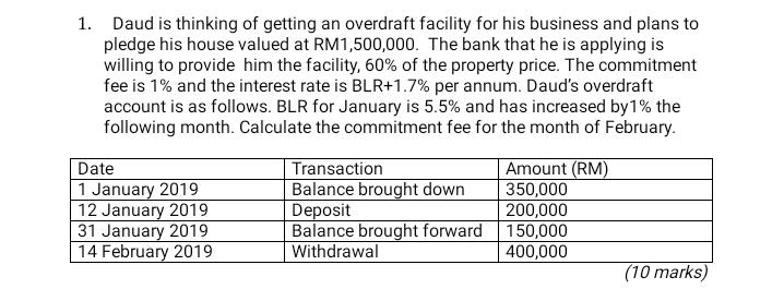1. Daud is thinking of getting an overdraft facility for his business