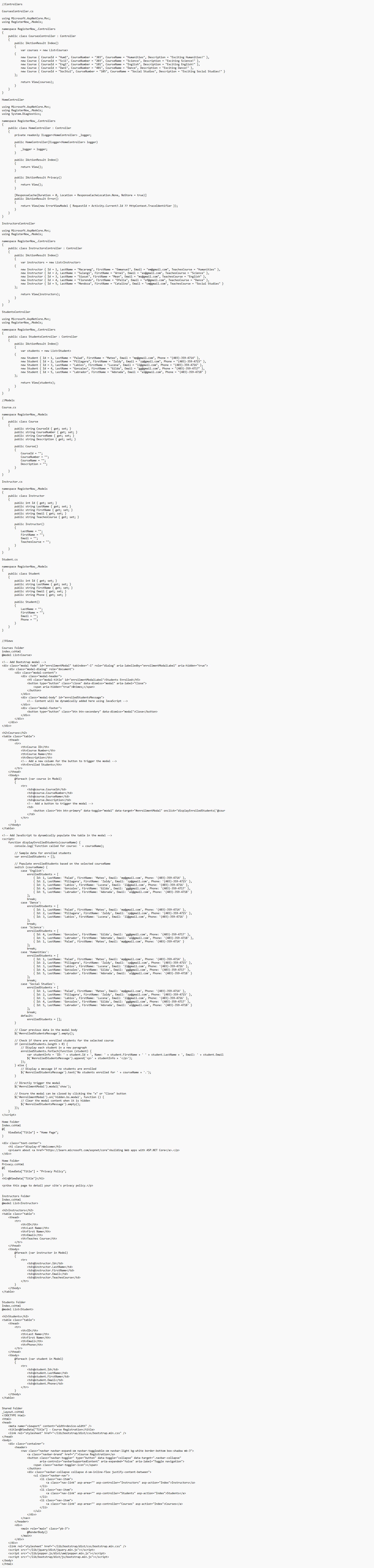 //Controllers CoursesController.cs using Microsoft.AspNetCore.Mvc; using Register Now_.Models; namespace Register Now_. Controllers public