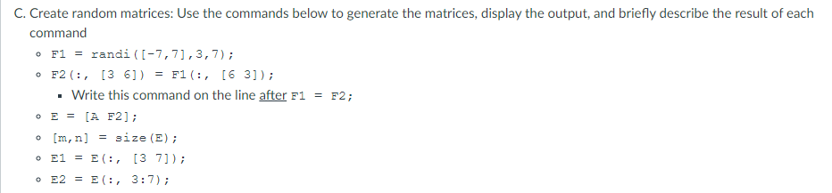 commands for Part C. The command rand (n) generates an n x