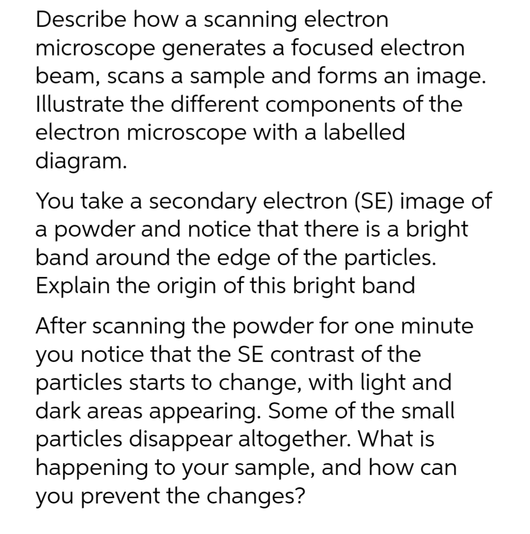 Describe how a scanning electron microscope generates a focused electron beam, scans