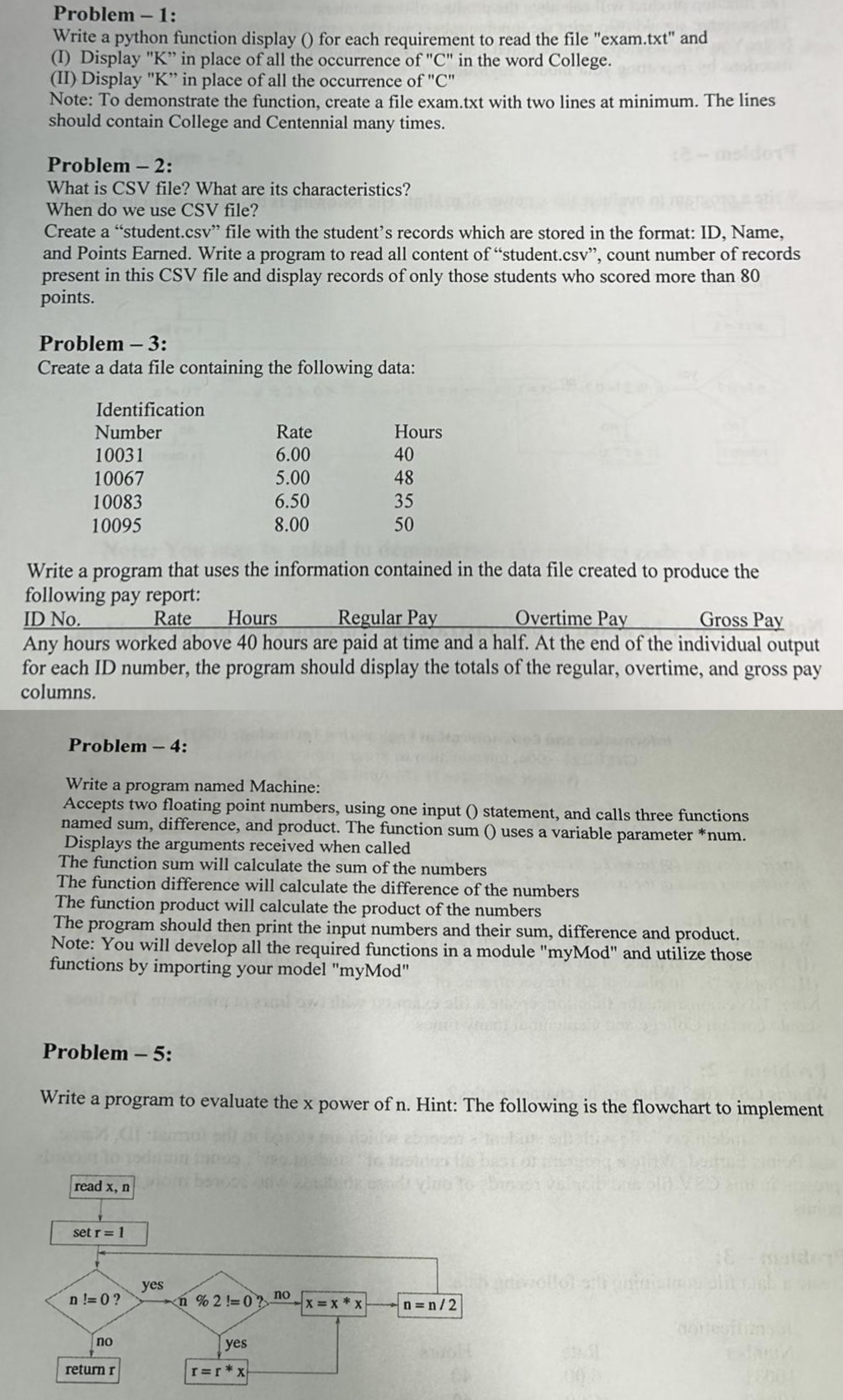 Problem -1: Write a python function display () for each requirement to