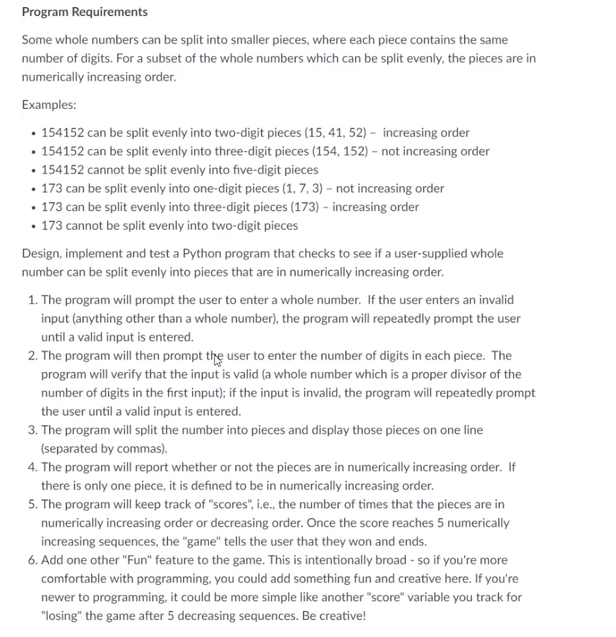 Program Requirements Some whole numbers can be split into smaller pieces, where
