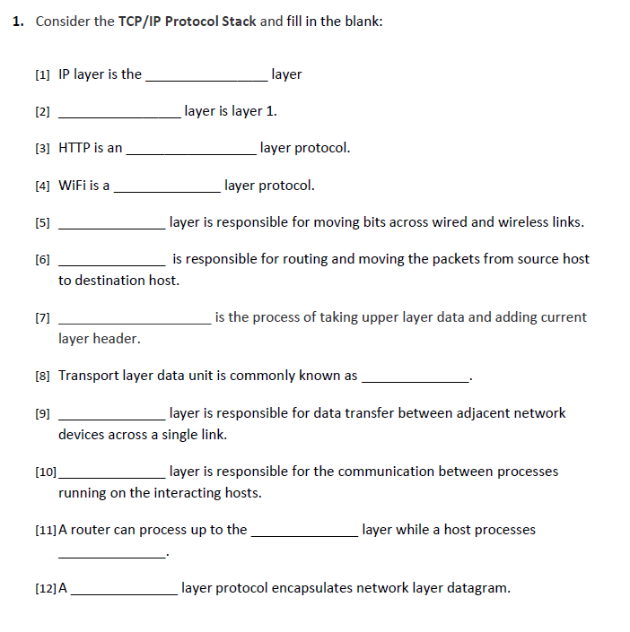1. Consider the TCP/IP Protocol Stack and fill in the blank: [1]