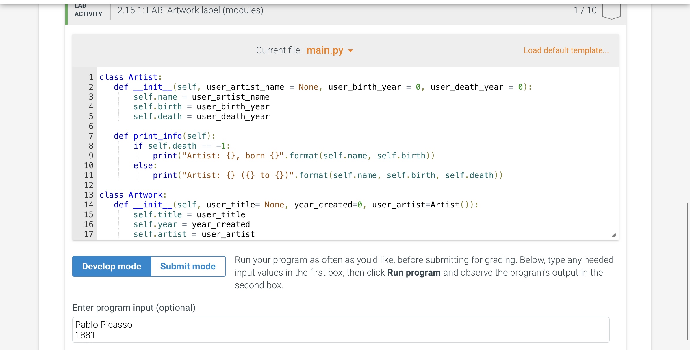 to initialize an artwork's information. The constructor should by default initialize the