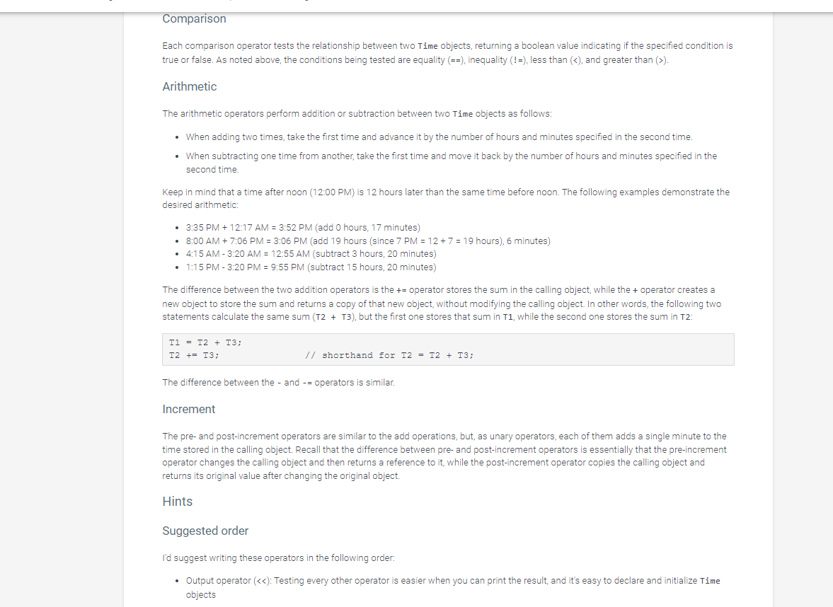 you experience writing overloaded operators for handling input/output, comparisons, and arithmetic operations.
