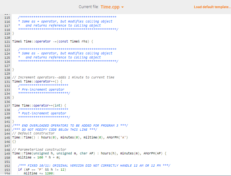 already written in Time.h and empty definitions (that you must complete) in