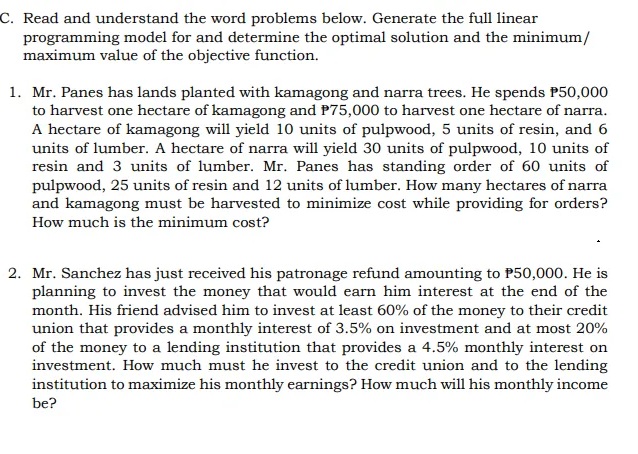 C. Read and understand the word problems below. Generate the full linear