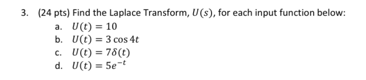 3. (24 pts) Find the Laplace Transform, U(s), for each input function