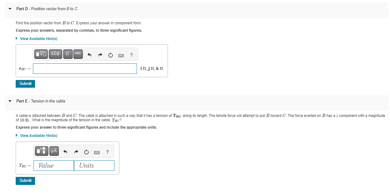 shown, two cables connect three points. C is below A by a