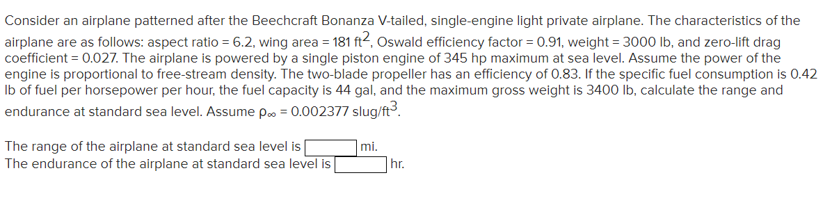 Consider an airplane patterned after the Beechcraft Bonanza V-tailed, single-engine light private