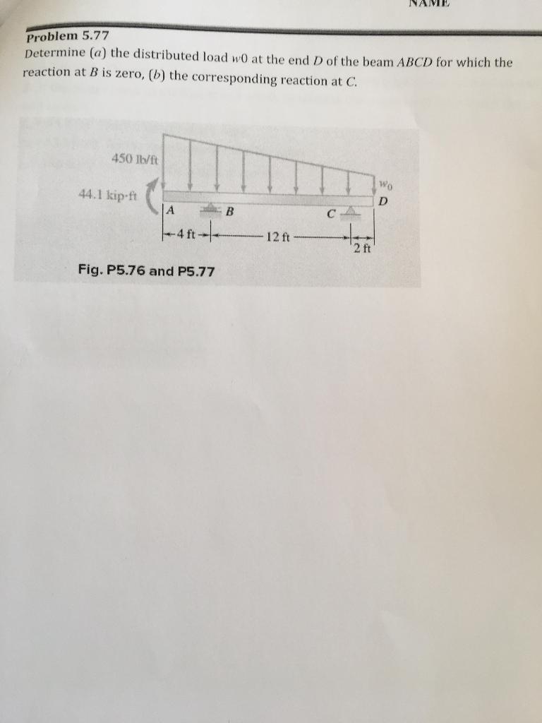 NAME Problem 5.77 Determine (a) the distributed load w0 at the end