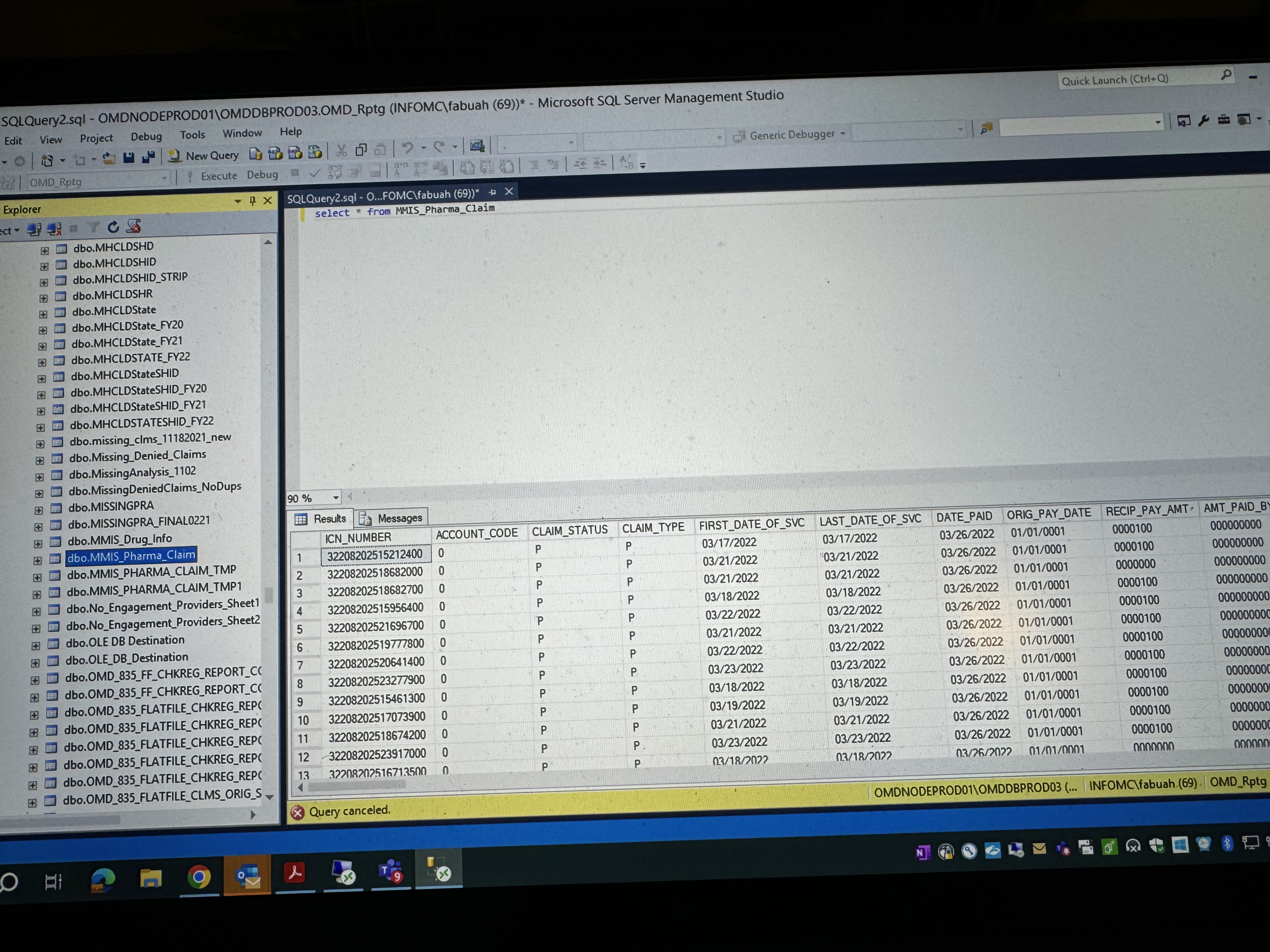 SQLQuery2.sql - OMDNODEPROD01\OMDDBPROD03.OMD_Rptg View Project Tools Window Help -O-B OMD_Rptg Edit Explorer