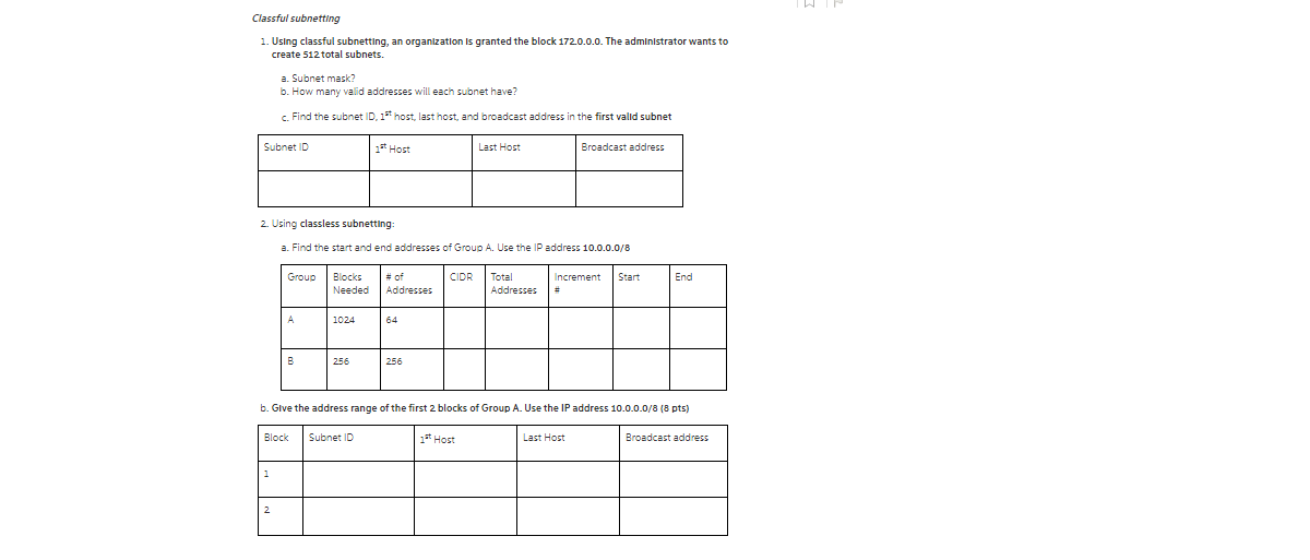 Classful subnetting 1. Using classful subnetting, an organization is granted the block