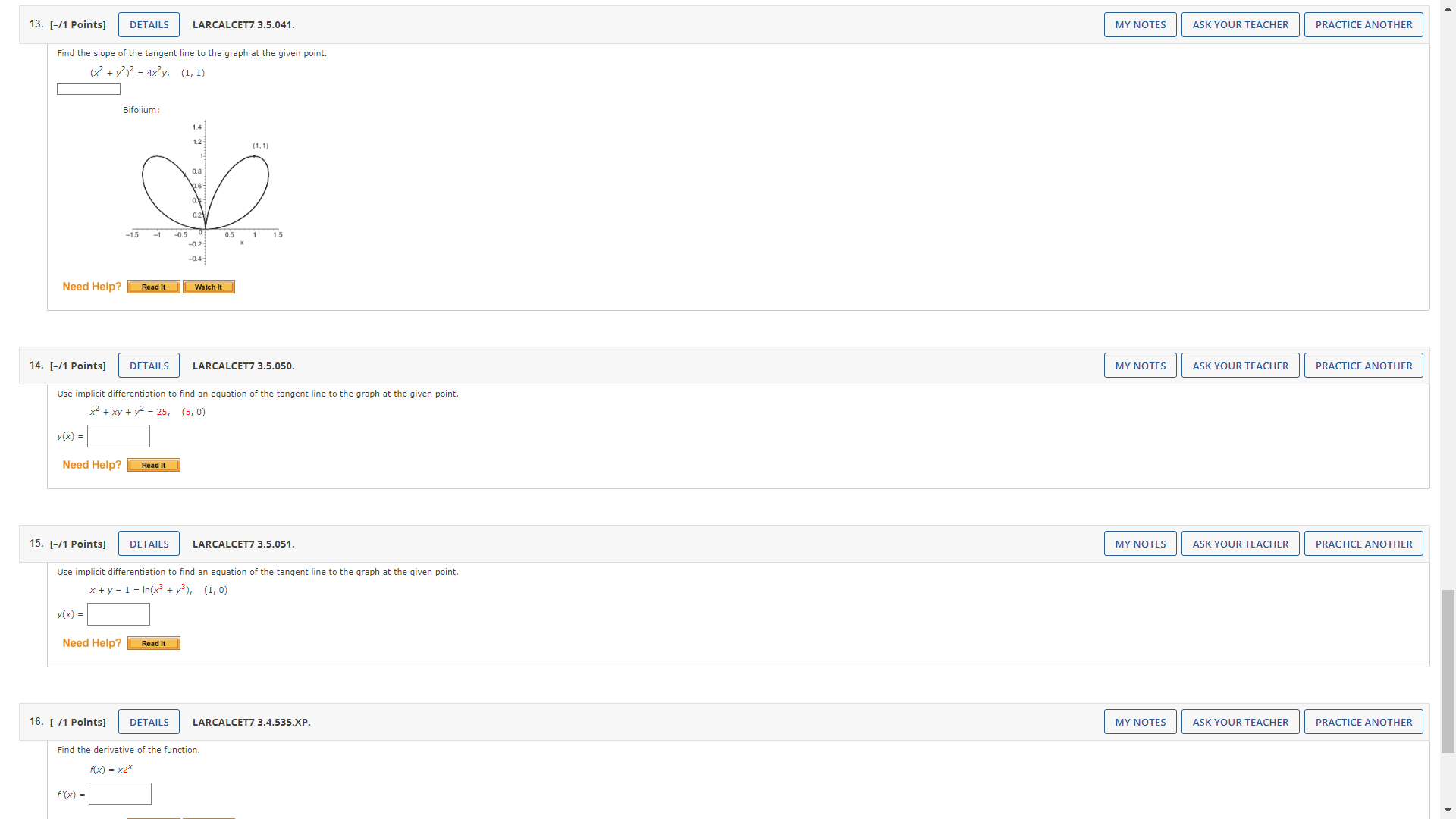 It 6. [-/1 Points] DETAILS Watch It dy dx LARCALCET7 3.5.015. Watch