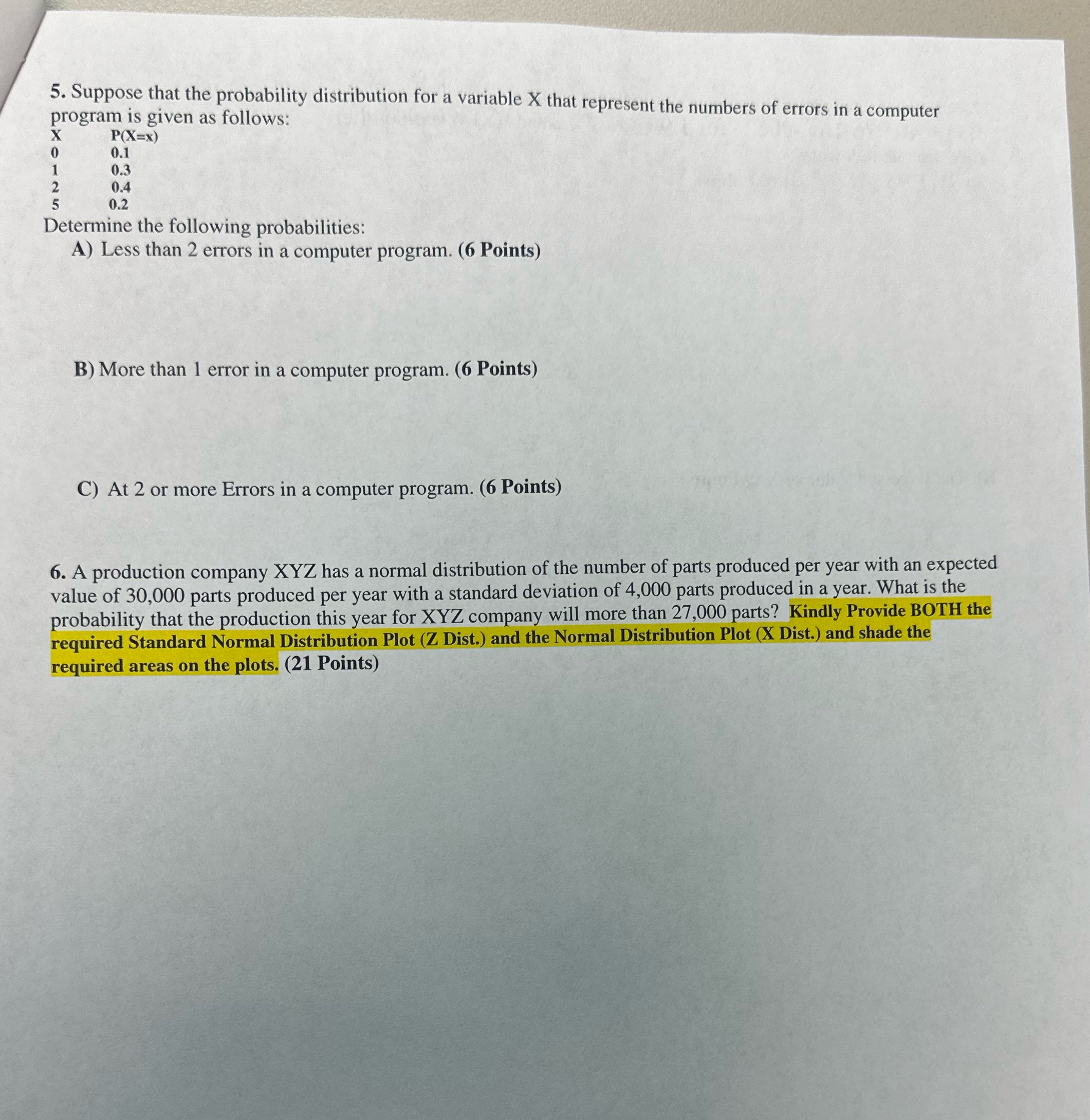 5. Suppose that the probability distribution for a variable X that represent