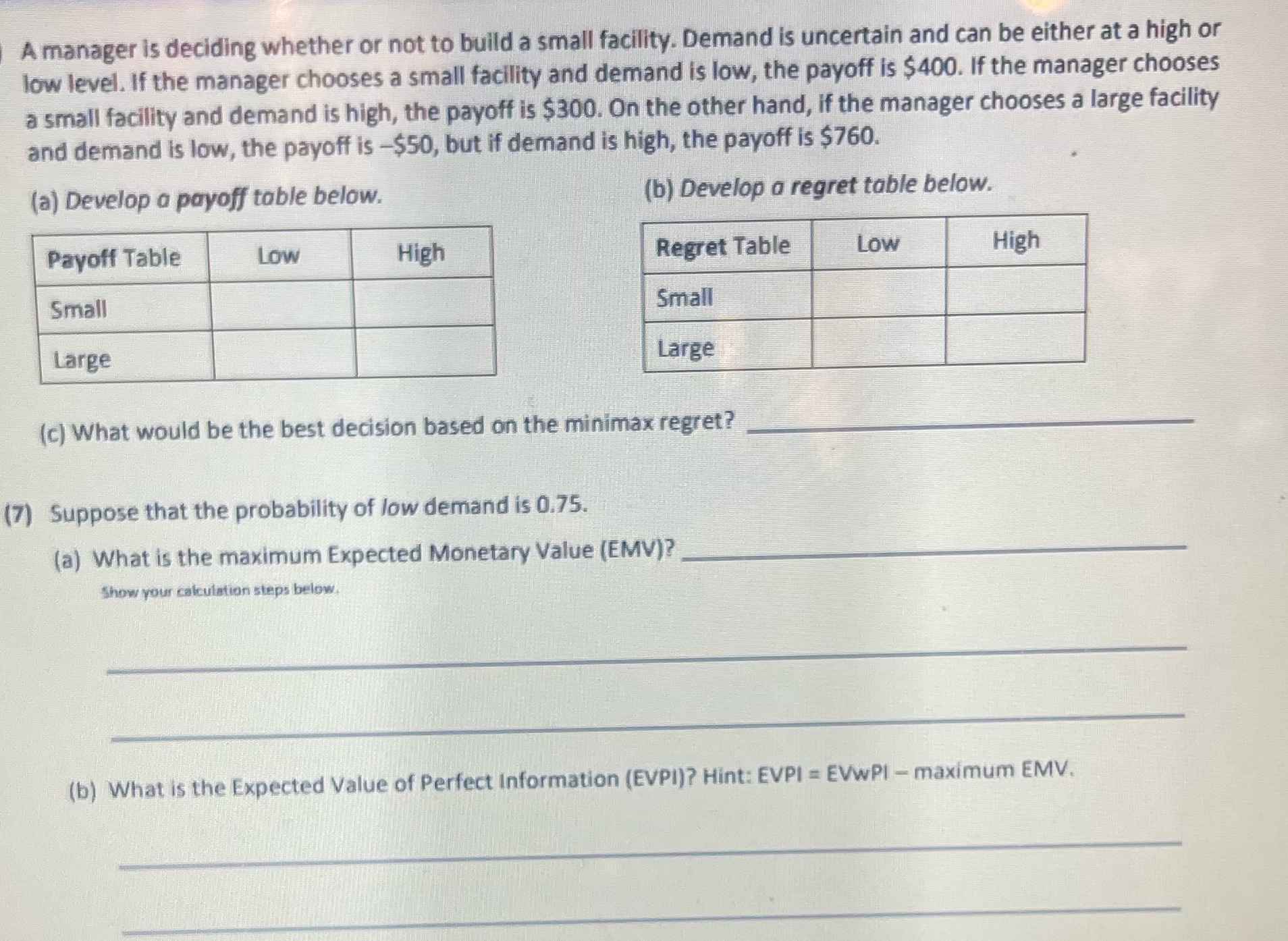 A manager is deciding whether or not to build a small facility.