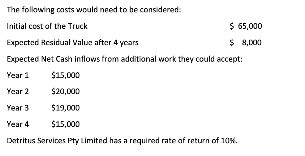 The following costs would need to be considered: Initial cost of the