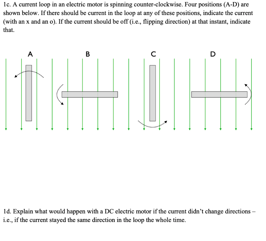 1c. A current loop in an electric motor is spinning counter-clockwise. Four