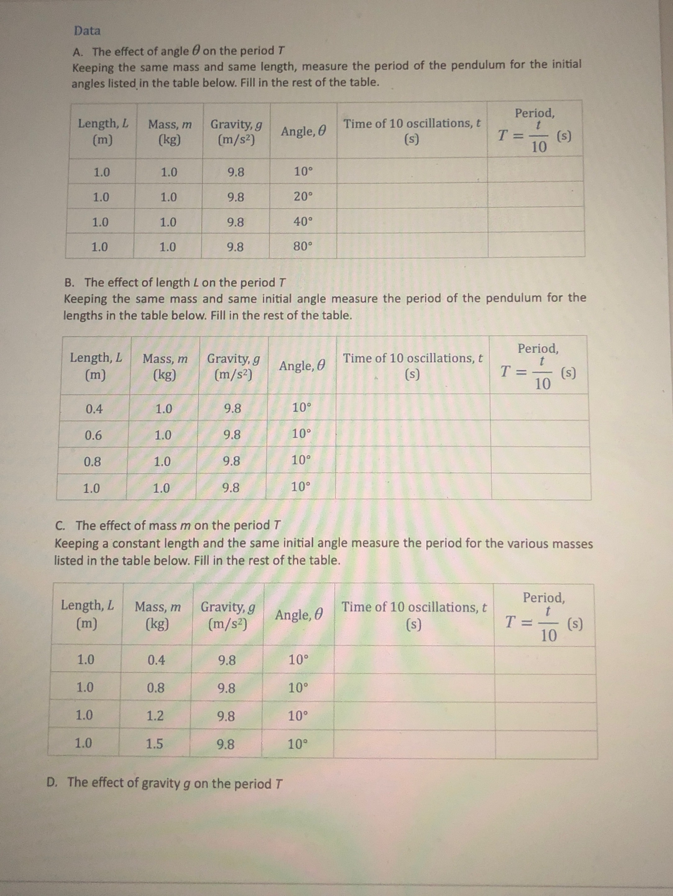 L. When a pendulum is displaced sideways from its equilibrium position, a