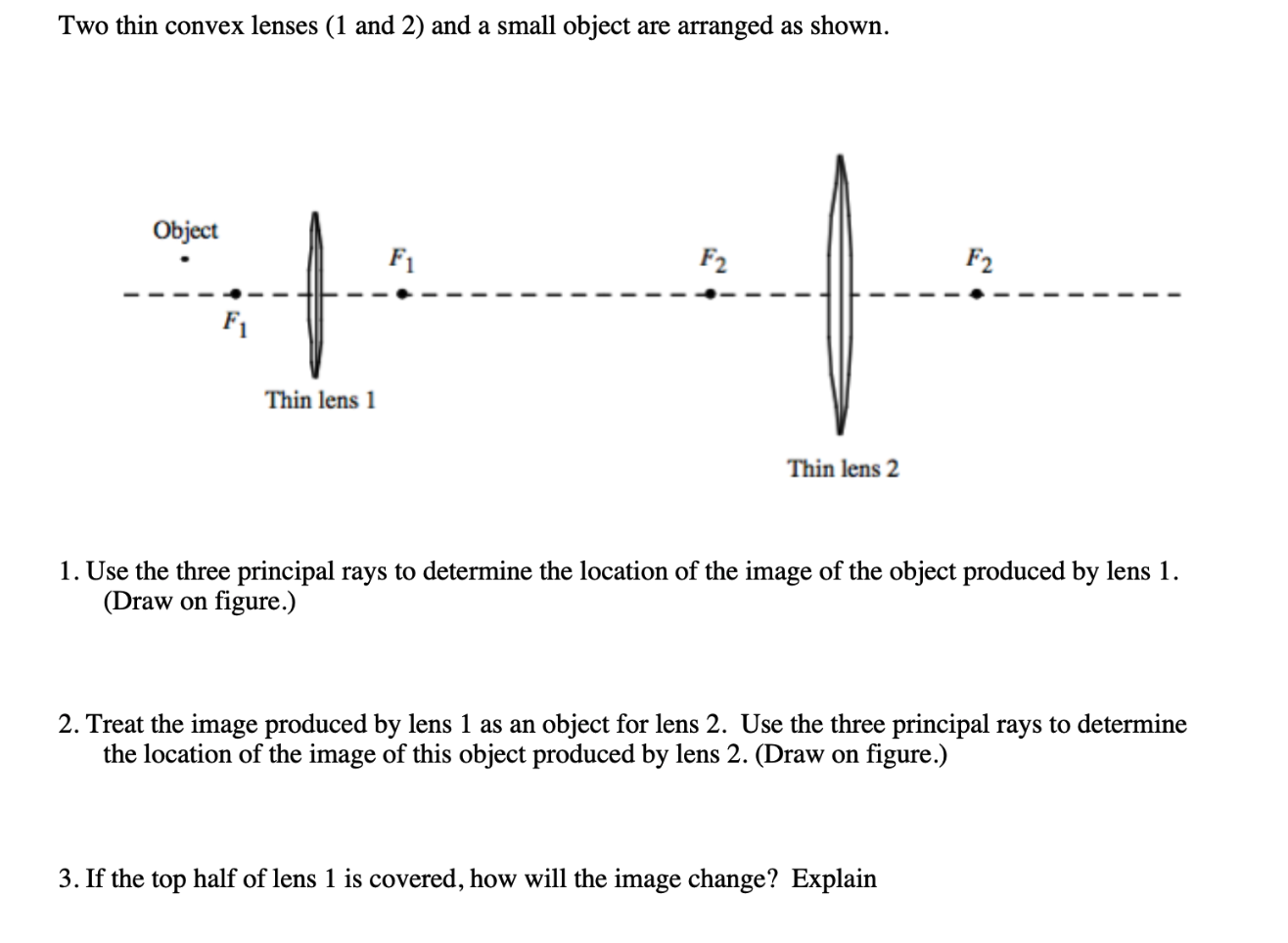 Two thin convex lenses (1 and 2) and a small object are