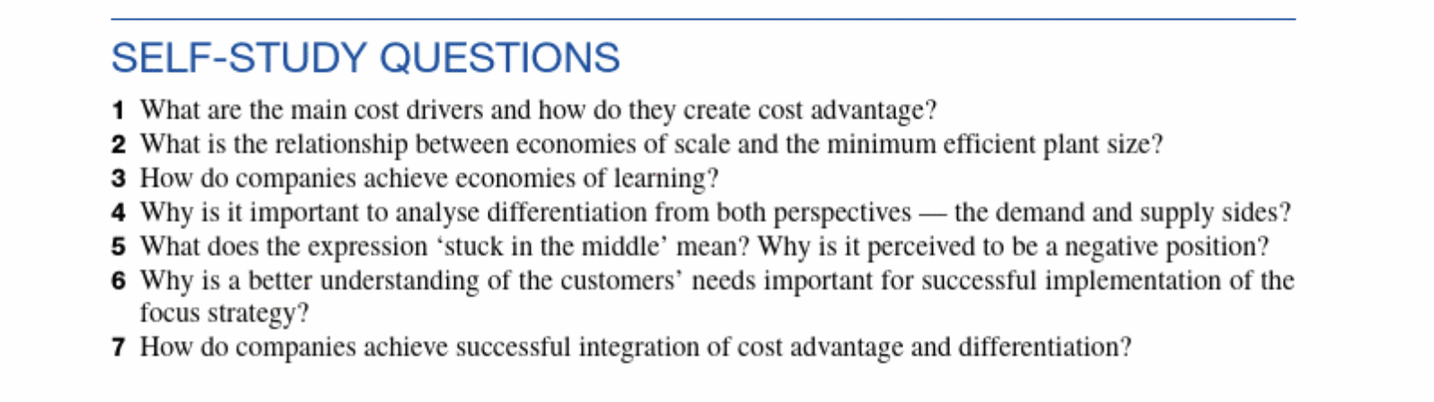 SELF-STUDY QUESTIONS 1 What are the main cost drivers and how do