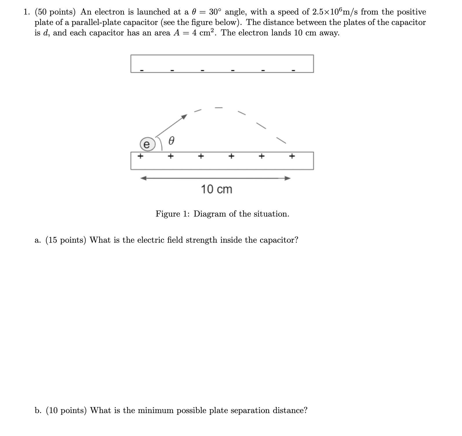 1. (50 points) An electron is launched at a = 30 angle,