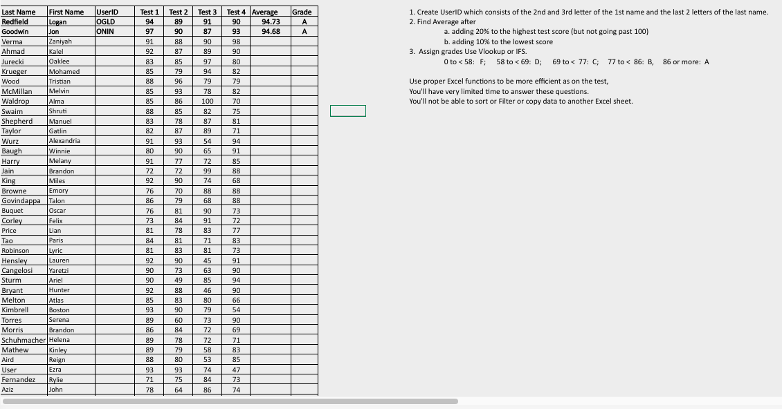 Last Name First Name UserID Test 1 Test 2 Test 3 Test