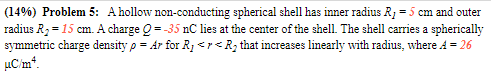 (14%) Problem 5: A hollow non-conducting spherical shell has inner radius R