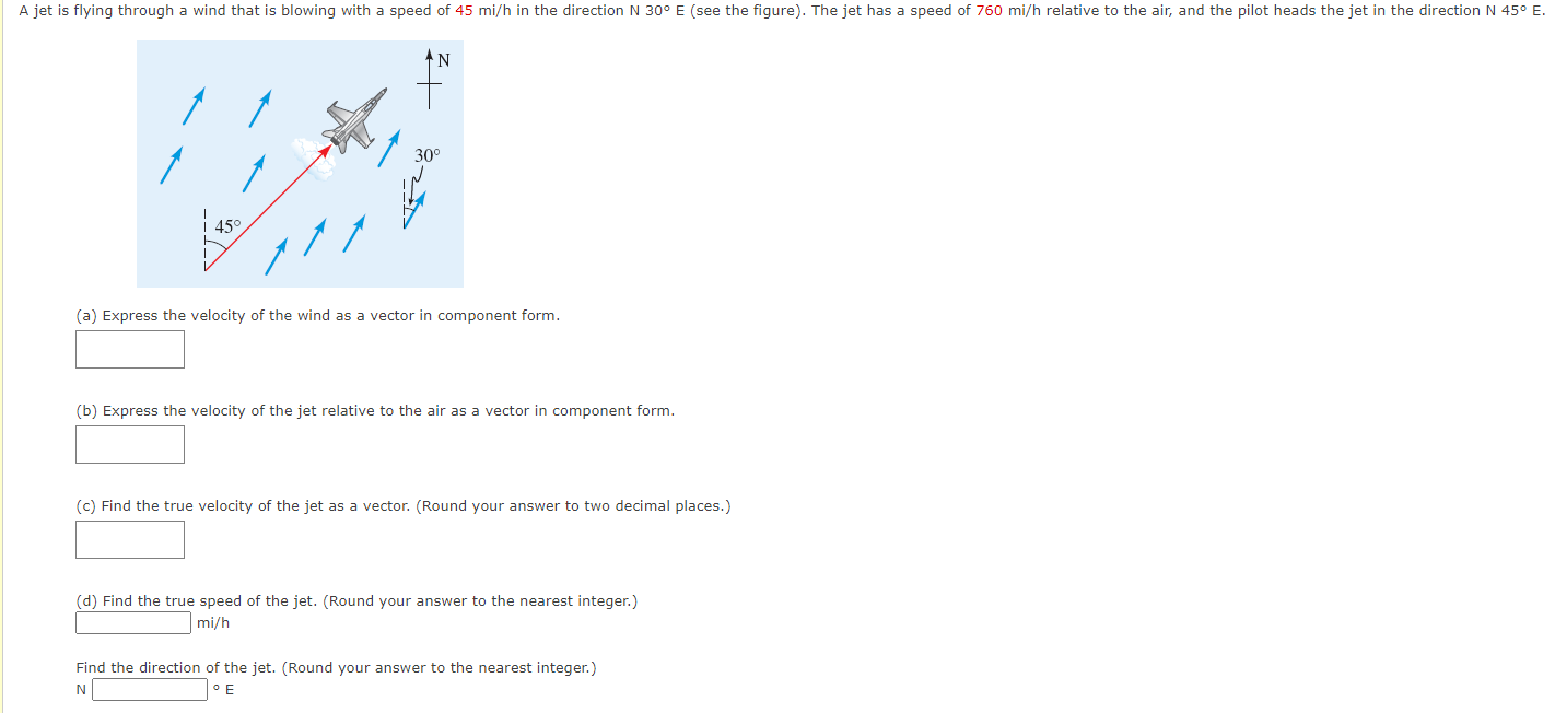 A jet is flying through a wind that is blowing with a