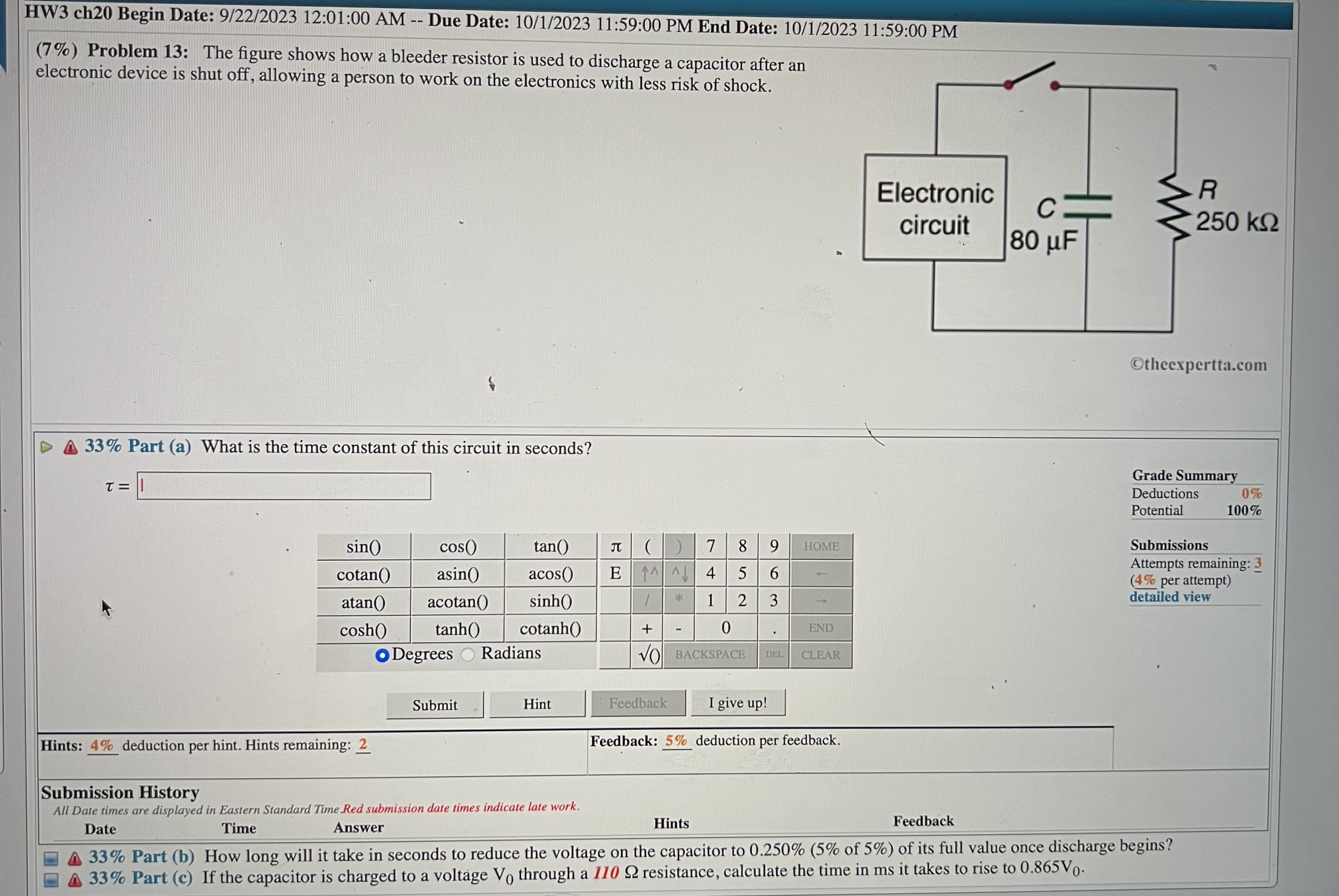 initially uncharged. It is connected in series with a switch of negligible