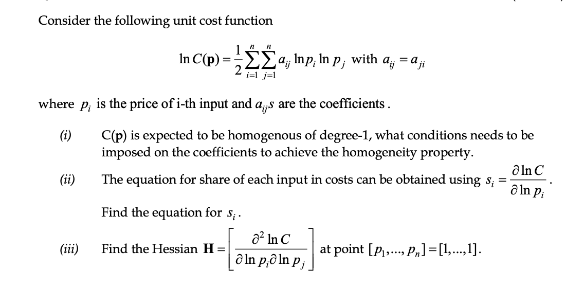 Consider the following unit cost function 1n n In C(p) == 2