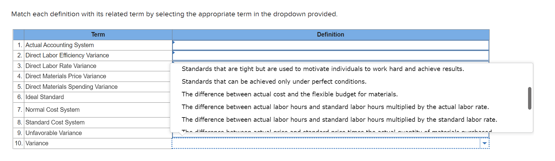 in the dropdown provided. 1. Actual Accounting System Term 2. Direct Labor
