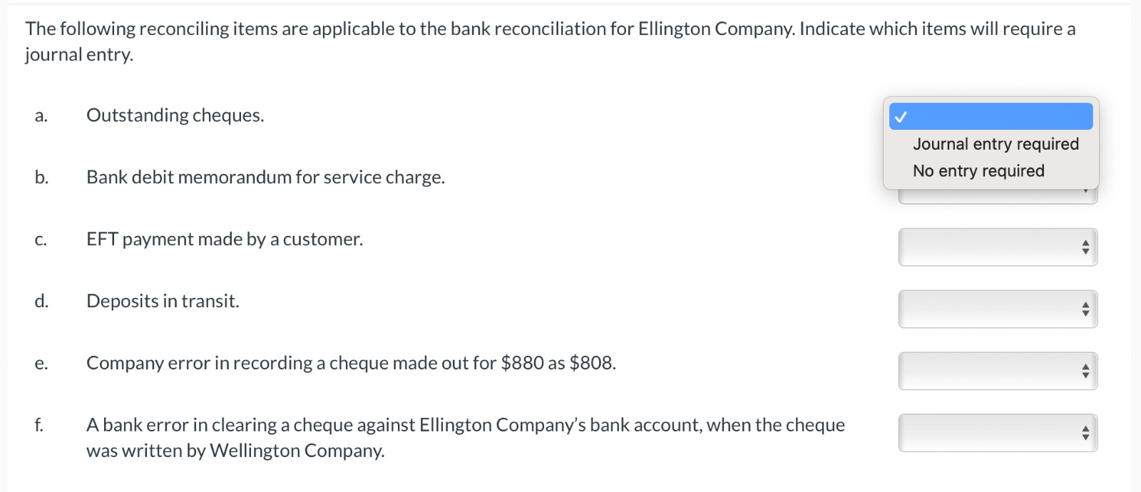 The following reconciling items are applicable to the bank reconciliation for Ellington