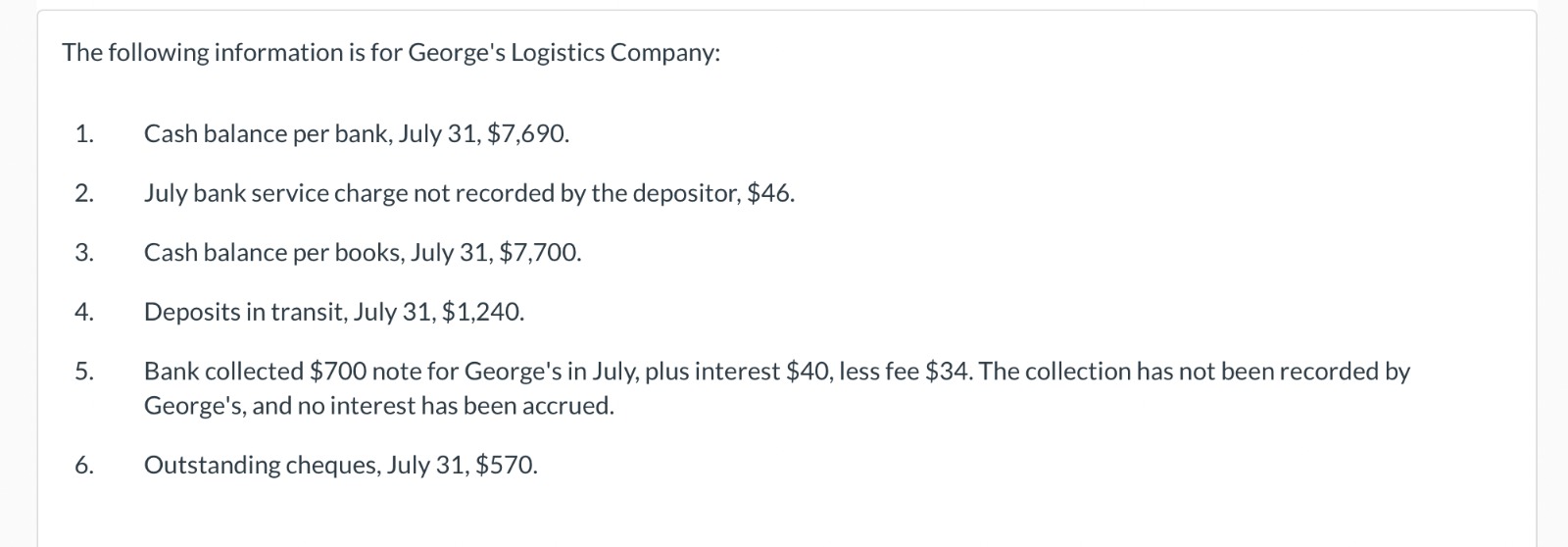 Company. Indicate which items will require a journal entry. a. Outstanding cheques.