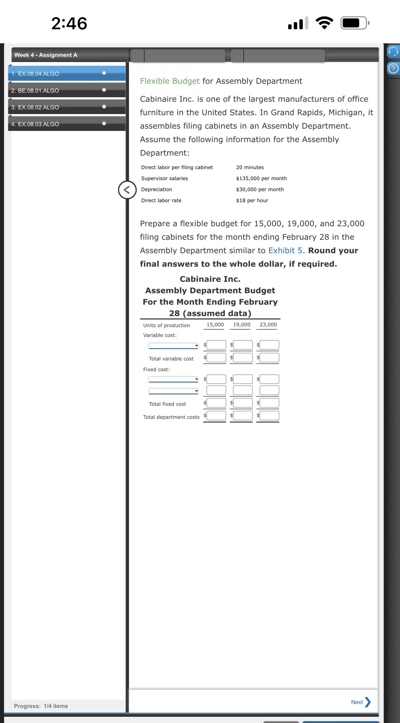 4. EX.08.03.ALGO Flexible Budget for Selling and Administrative Expenses for a Service