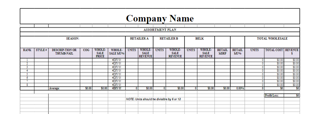 Company Name ASSORTMENT PLAN SEASON: RETAILER A RETAILER B BELK TOTAL WHOLESALE
