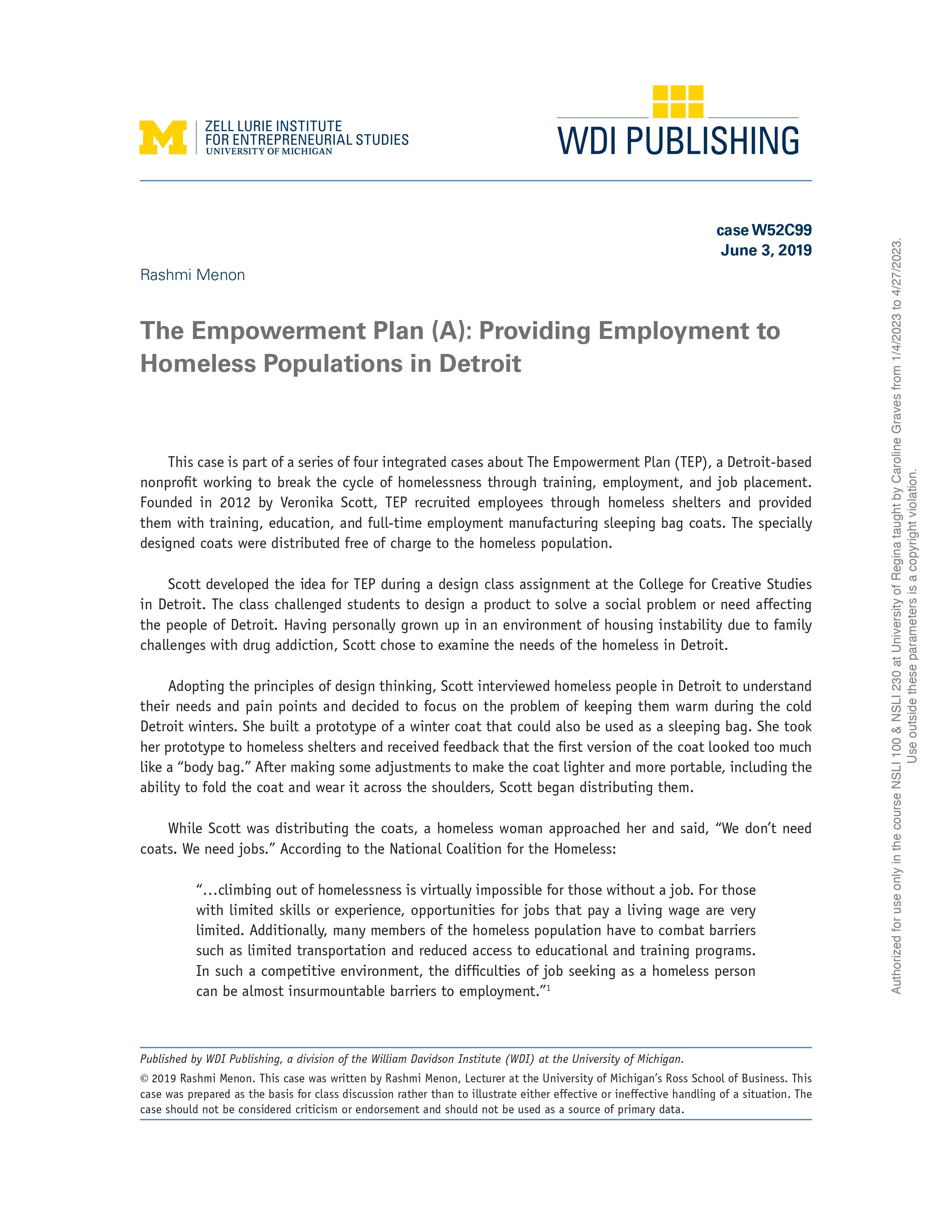 M ZELL LURIE INSTITUTE UNIVERSITY OF MICHIGAN FOR ENTREPRENEURIAL STUDIES WDI PUBLISHING